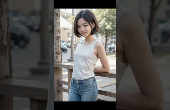 Short-Haired Pretty Girl’s Sleeveless Shirt & Jeans Lookbook, AI Art