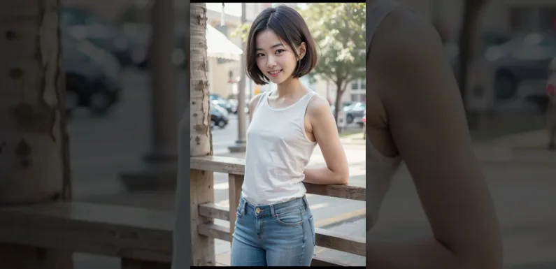 Short-Haired Pretty Girl’s Sleeveless Shirt & Jeans Lookbook, AI Art