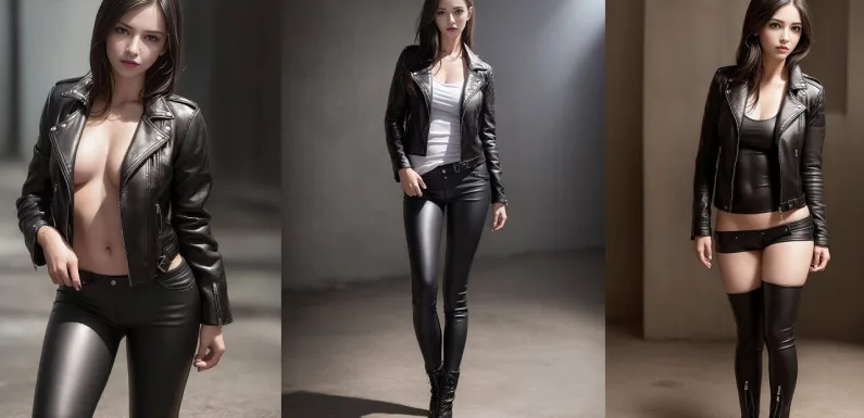 4K AI LookBook Beauty Girl Fashion in biker jacket with skinny black pants ” 룩북 뷰티 걸